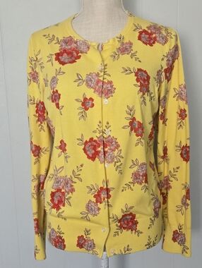 Lands' End Yellow Floral Cardigan with Pink and Red Accents